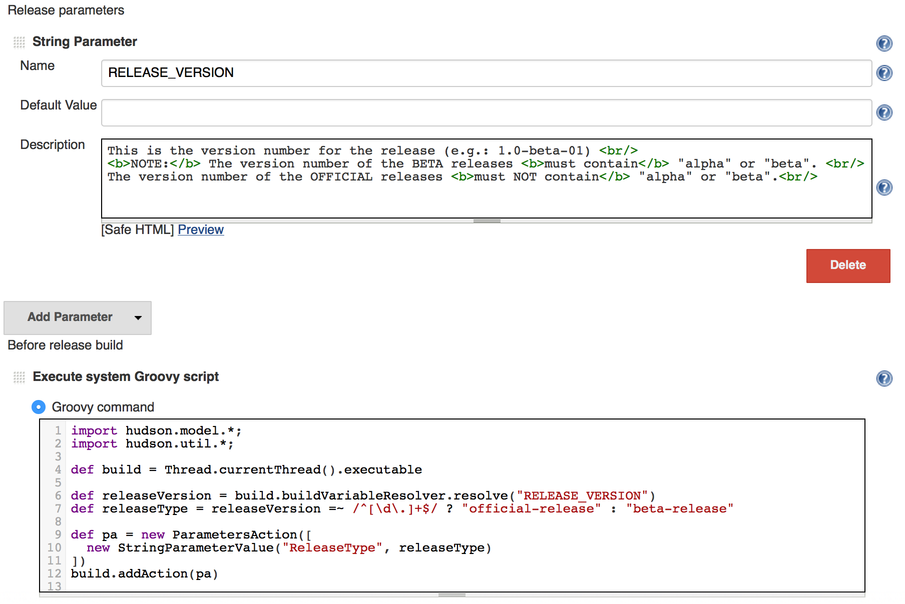 Release configuration screenshot